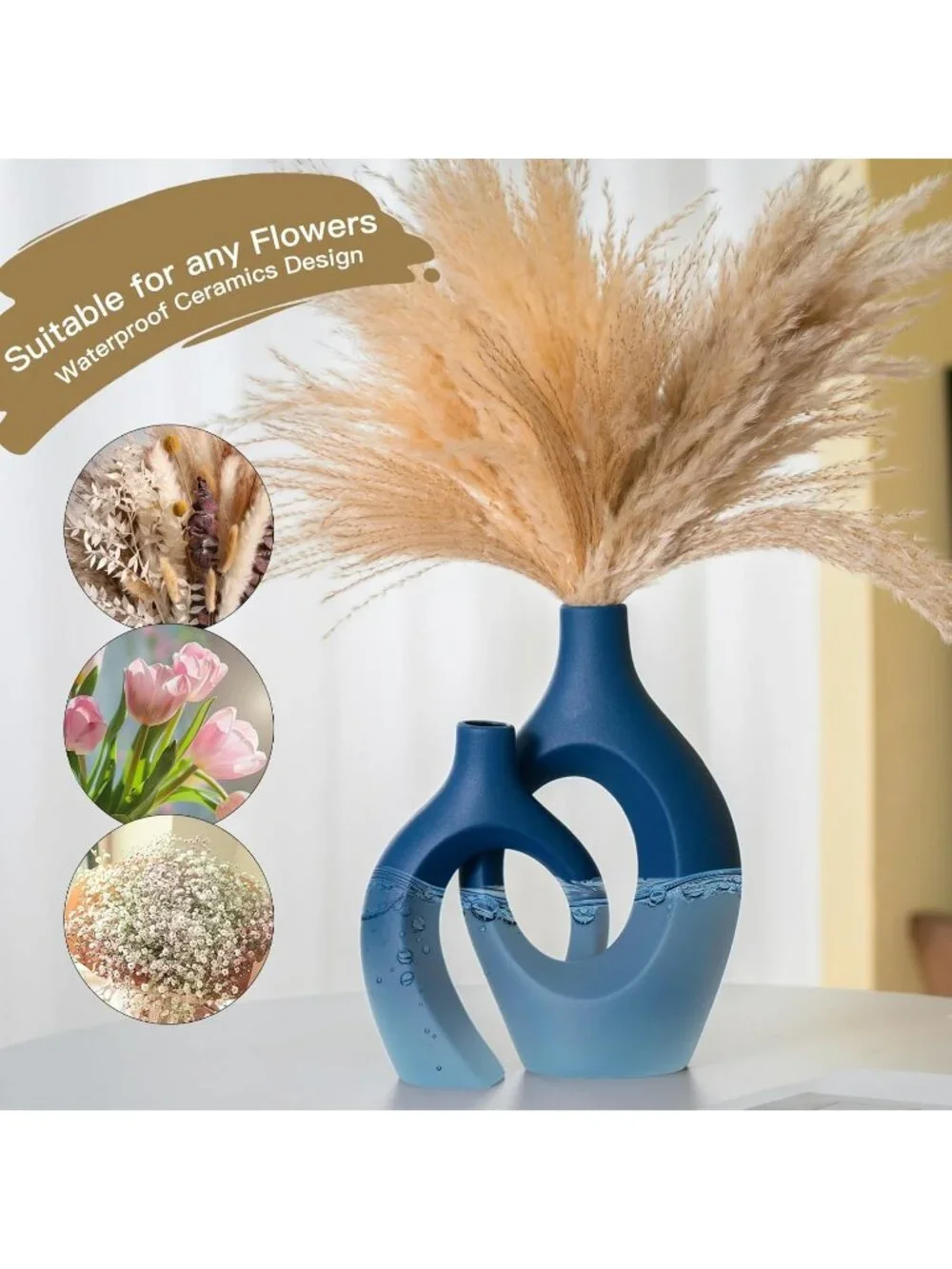 Navy Blue Hollow Ceramic Vase Set Of 2 Boho Tabletop Table Living Room Home Dec